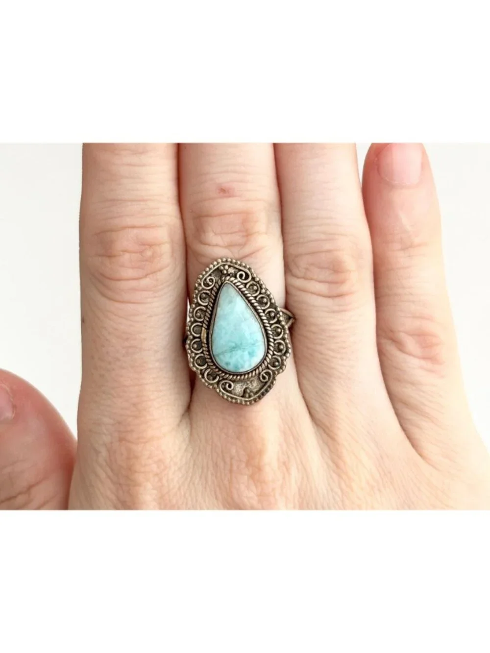 Blue Larimar Gemstone Scalloped Oxidized Sterling Silver 925 Vintage Ring - sz 8